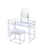 Benzara Glass and Metal Vanity Set With Faux Fur Stool, White and Silver