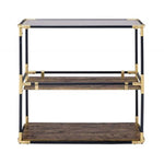 Benzara BM191404 Rechange Glass Top Console Table Metal Tubular Framing and Wooden Shelves, Black & Brown