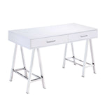 Benzara Rectangular Two Drawers Wooden Desk with Saw Horse Metal Legs, Silver and White