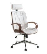 Benzara Faux Leather Office Chair Adjustable Height Swivel, White PU & Walnut brown