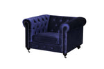 Benzara Fabric Upholstered Wooden Tufted Sofa Chair with Steel Casters, Blue
