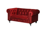Benzara Velvet Upholstered Wooden Kids Sofa with Button Tufting and Nail Head Trim, Red