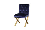 Benzara Velvet Upholstered Dining Side Chairs with Steel X Style Legs, Blue and Gold, Set of  2