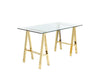 Benzara Glass Writing Desk with Metal Sawhorse Style Legs, Gold and Clear