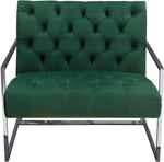 Benzara Velvet Upholstered Button Tufted Accent Chair with Stainless Steel Sled Base, Green and Silver