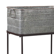 Benzara Rectangular Metal Beverage Tub with Stand and Open Grid Shelf, Gray and Black