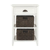 Benzara Cottage Style Wooden Accent Table with Two Woven Storage Baskets, White and Brown