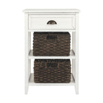 Benzara Cottage Style Wooden Accent Table with Two Woven Storage Baskets, White and Brown