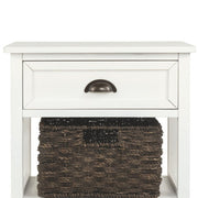Benzara Cottage Style Wooden Accent Table with Two Woven Storage Baskets, White and Brown