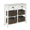 Benzara Wooden Console Sofa Table with Four Woven Storage Baskets, White and Brown