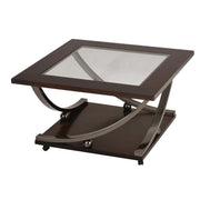 Benzara 21 Inch Glass Top Wooden Coffee Table with Casters, Brown