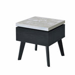 Benzara Wooden End Table with Faux Concrete Like Top and Tapered Legs Support, White and Black