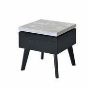 Benzara Wooden End Table with Faux Concrete Like Top and Tapered Legs Support, White and Black