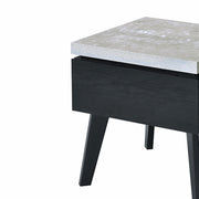 Benzara Wooden End Table with Faux Concrete Like Top and Tapered Legs Support, White and Black