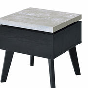 Benzara Wooden End Table with Faux Concrete Like Top and Tapered Legs Support, White and Black