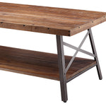 Benzara Wooden Coffee Table with X Crossed Metal Sides and Open Shelf, Brown and Black