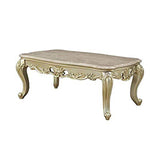 Benzara Wooden Coffee Table with Decorative Polyresin Carvings and Marble Top, White