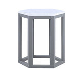 Benzara Hexagonal Marble Top End Table with Open Frame Base,White and Gray