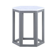 Benzara Hexagonal Marble Top End Table with Open Frame Base,White and Gray