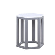 Benzara Hexagonal Shape Wooden End Table with Marble Top, Pack of Two, White and Silver