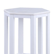 Benzara 20 Inch Hexagonal Wooden End Table with Marble Top, White