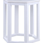 Benzara 20 Inch Hexagonal Wooden End Table with Marble Top, White