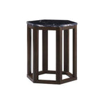 Benzara 20 Inch Hexagonal Wooden End Table with Marble Top, Brown