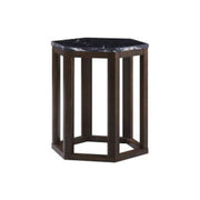 Benzara 20 Inch Hexagonal Wooden End Table with Marble Top, Brown