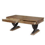 Benzara Rustic Wooden Coffee Table with Two Drawers and Metal X Shape Support, Black and Brown