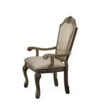 Benzara Faux Leather Upholstered Wooden Arm Chairs with Carved Details, Antique White, Set of  2