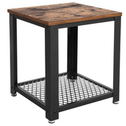 Benzara Metal Frame End Table with Wooden Top and Wide Mesh Bottom Shelf, Brown and Black