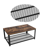Benzara Metal Frame Coffee Table with Wooden Top and Mesh Bottom Shelf, Brown and Black