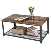 Benzara Metal Frame Coffee Table with Wooden Top and Mesh Bottom Shelf, Brown and Black