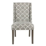 Benzara Wooden Parson Dining Chairs with Trellis Patterned Fabric Upholstered Seating, Gray, Set of  2