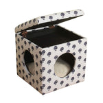 Benzara Uniquely Designed Fabric Upholstered Wooden Ottoman Pet Bed with Lift Up Lids, White and Black