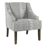 Benzara Geometric Pattern Fabric Upholstered Wooden Accent Chair with Sloped Armrests, Gray and White