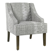 Benzara Geometric Pattern Fabric Upholstered Wooden Accent Chair with Sloped Armrests, Gray and White