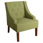 Benzara Button Tufted Swoop Arm  Wooden Accent Chair with Block Legs, Green and Brown