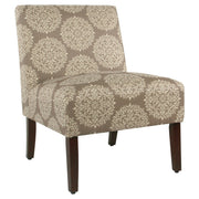 Benzara Medallion Printed Fabric Upholstered Wooden Accent Chair with Blocked Legs, Brown and Cream