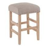 Benzara Wooden Counter Stool with Fabric Upholstered Seat and Nail head Trim Details, Beige and Brown