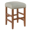 Benzara Wooden Counter Stool with Fabric Upholstered Seat and Nail head Trim Details, Blue and Brown