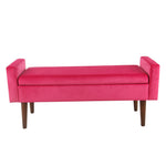 Benzara Velvet Upholstered Wooden Bench with Tapered Legs and Track Armrest, Pink and Brown