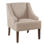 Benzara Fabric Upholstered Wooden Accent Chair with Swooping Armrests, Beige and Brown