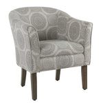 Benzara Wood and Fabric Barrel Style Accent Chair with Medallion Pattern, Gray and Brown