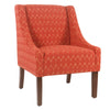 Benzara Fabric Upholstered Wooden Accent Chair with Swooping Arms and Geometric Pattern, Red and Brown