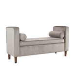 Benzara Velvet Upholstered Wooden Bench with Lift Top Storage and Two Bolster Pillows, Gray