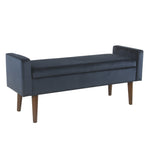 Benzara Velvet Upholstered Wooden Bench with Lift Top Storage and Tapered Feet, Navy Blue