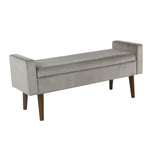 Benzara Velvet Upholstered Wooden Bench with Lift Top Storage and Tapered Feet, Gray