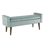 Benzara Velvet Upholstered Wooden Bench with Lift Top Storage and Tapered Feet, Aqua Blue