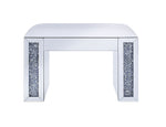 Benzara Wood and Mirror Vanity Stool with Leatherette Upholstered Seat, White and Clear